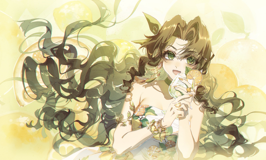 1girl aerith_gainsborough aerith_gainsborough_(citric_dress) armlet bare_shoulders bracelet breasts brown_hair choker cleavage cup dress earrings final_fantasy final_fantasy_vii final_fantasy_vii_ever_crisis food-themed_earrings food_print food_themed_earrings fruit_background fruit_print green_eyes green_ribbon hair_between_eyes hair_ribbon highres holding holding_cup jewelry kieta long_dress long_hair looking_at_viewer mandarin_orange_slice medium_breasts multiple_rings official_alternate_costume open_mouth orange-shaped_earrings orange_background orange_print own_hands_together parted_bangs print_dress ribbon ring sidelocks smile solo strapless strapless_dress tropical_drink upper_body wavy_hair