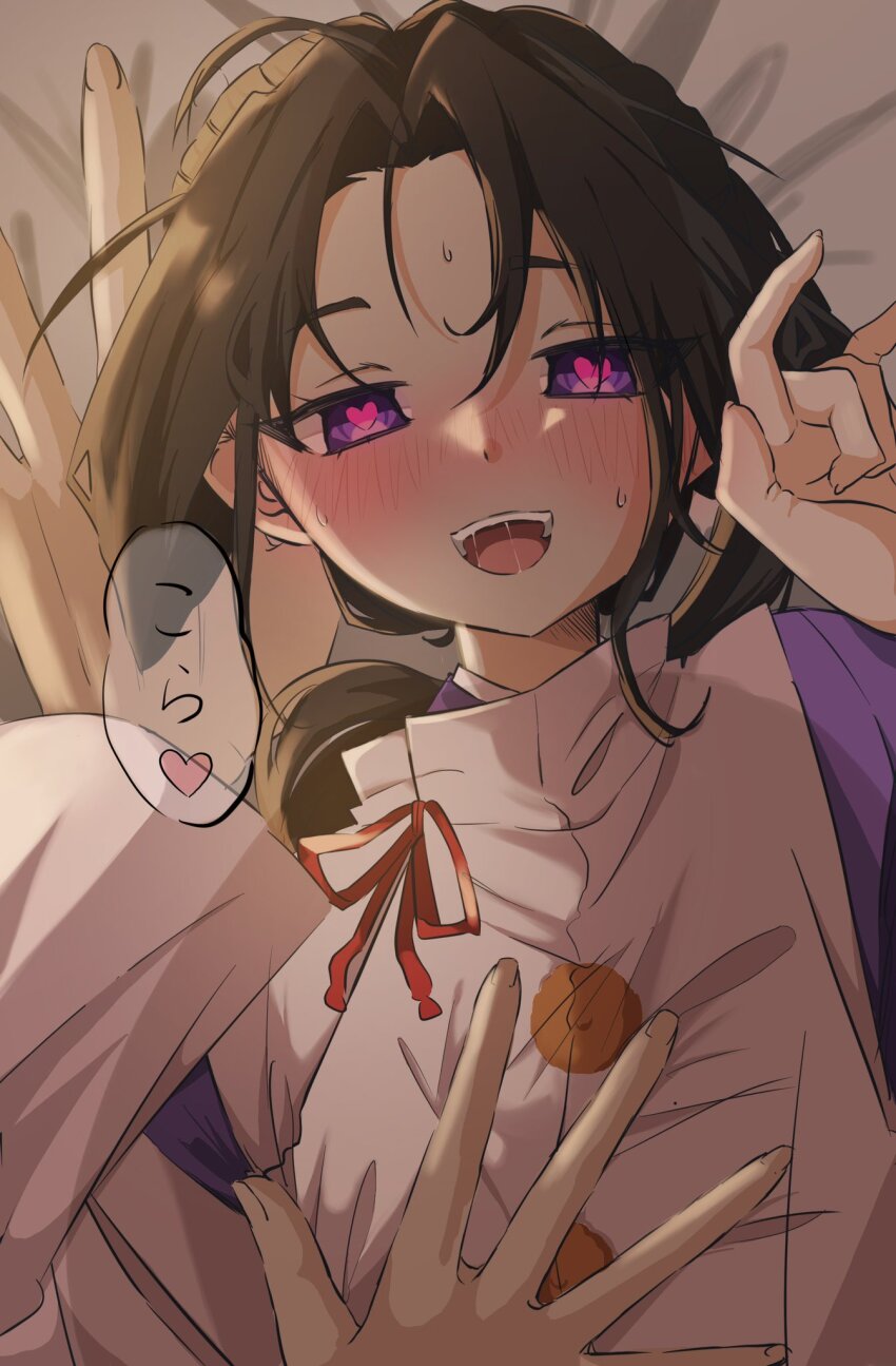 1boy bed black_hair blush hand_on_another&#039;s_chest hand_on_bed heart heart-shaped_pupils highres houjou_tokiyuki_(nige_jouzu_no_wakagimi) implied_yaoi long_sleeves looking_at_viewer lying male_focus nige_jouzu_no_wakagimi nose_blush on_back open_mouth parted_bangs pinned pointing ponytail pov pov_hands rame_angel71 saliva seductive_smile sidelocks_tied_back smile solo_focus speech_bubble spoken_heart sweat symbol-shaped_pupils teeth upper_teeth_only