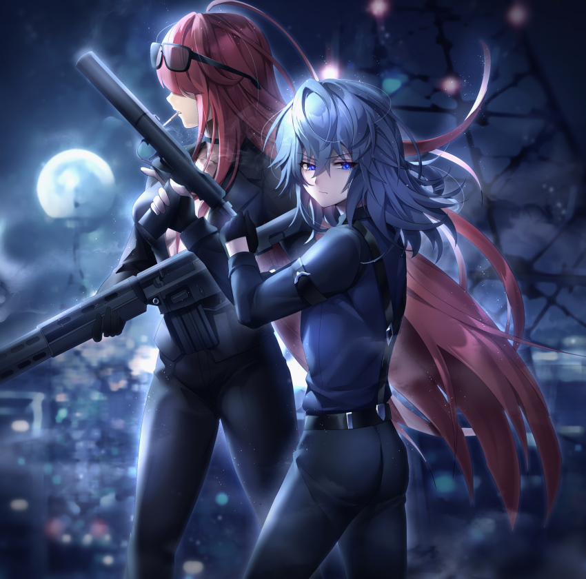 1boy 1girl absurdres assault_rifle belt black_belt black_choker black_gloves black_pants blue_eyes blue_hair bolt_action center_opening character_request chinese_commentary choker cigarette elesis_(elsword) elsword eyewear_on_head from_side gloves gun hair_between_eyes handgun highres holding holding_gun holding_weapon integral_suppressor integrally-suppressed_firearm long_hair long_sleeves medium_hair night night_sky pants profile red_hair rifle rourou_(been) sky smoking sunglasses suppressor very_long_hair weapon welrod
