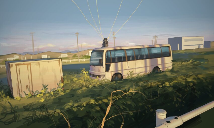 1other black_hair building bus dark_skin gradient_sky highres motor_vehicle mountainous_horizon on_bus original outdoors plant pond scenery sitting sky tensen_(dotted_line) very_wide_shot vines wide_shot yellow_eyes
