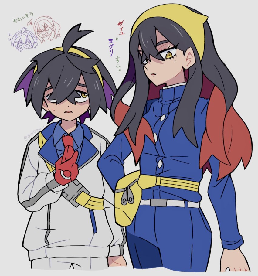 1boy 1girl bag black_hair blue_jacket blue_shirt brother_and_sister carmine_(pokemon) clenched_teeth collared_shirt commentary_request cropped_legs crossed_bangs gloves grey_background hairband highres jacket kieran_(pokemon) long_hair mole mole_on_neck mole_under_eye multiple_views nintendo nojima_minami pink_hairband pokemon pokemon_sv purple_hair red_gloves red_hair shirt siblings single_glove squiggle sweat teeth translation_request white_jacket yellow_bag yellow_eyes