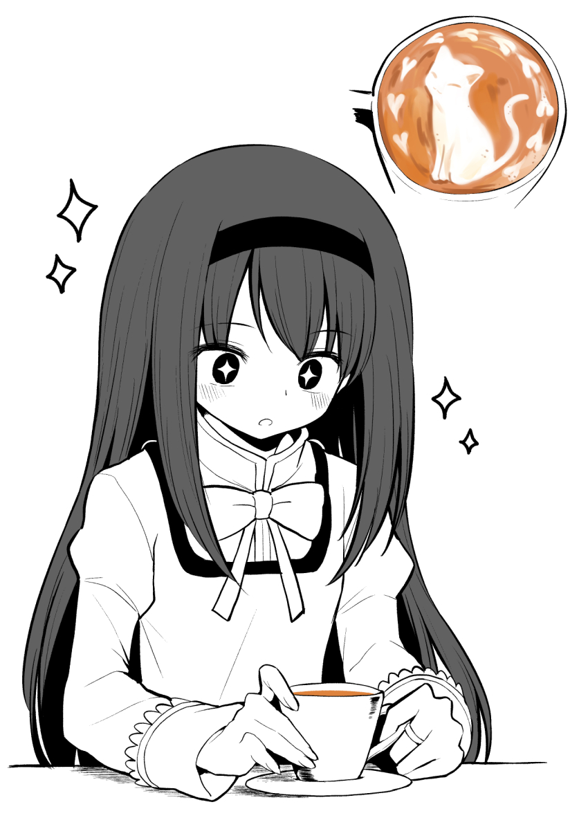 1girl akemi_homura blush cup fingernails greyscale hairband highres latte_art long_hair mahou_shoujo_madoka_magica mahou_shoujo_madoka_magica_(anime) monochrome open_mouth plate ribbon solo sparkling_eyes spot_color touyu_(yuruyuruto) upper_body