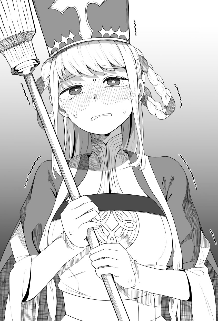 1girl absurdres blush braid braided_hair_rings breasts cape dress embarrassed fate_(series) gradient_background greyscale hair_rings hat highres holding holding_staff johanna_(fate) johanna_(third_ascension)_(fate) long_hair long_sleeves mitre monochrome multicolored_hair open_mouth shaking simple_background solo staff sweatdrop tanuki_(siutkm0228) teeth twin_braids two-tone_hair white_background white_dress