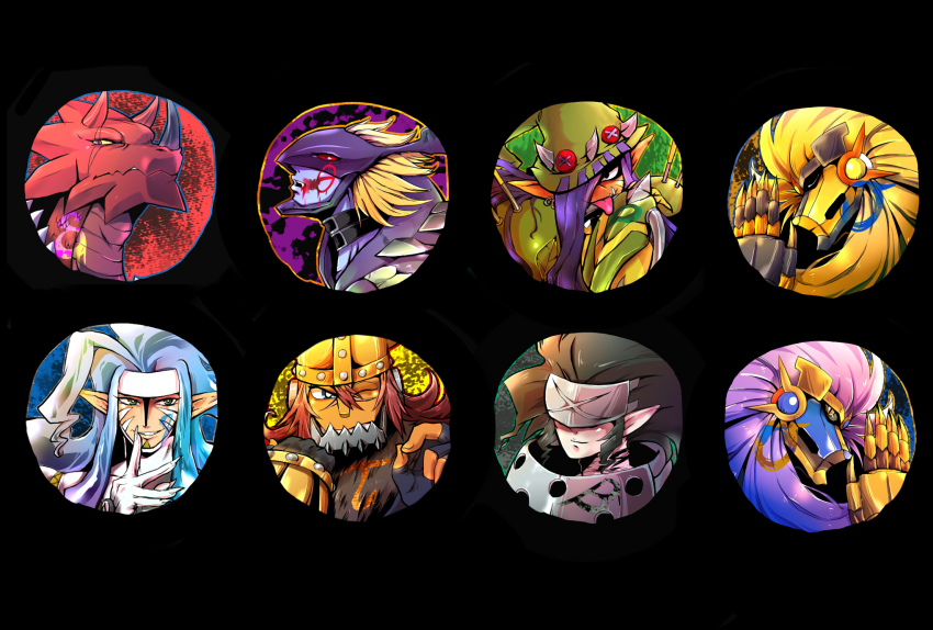 apollomon apollomon_whispered big_death-stars death_generals digimon dorbickmon dragon gravimon highres lion mask neovamdemon olegmon smile splashmon vampire zamielmon