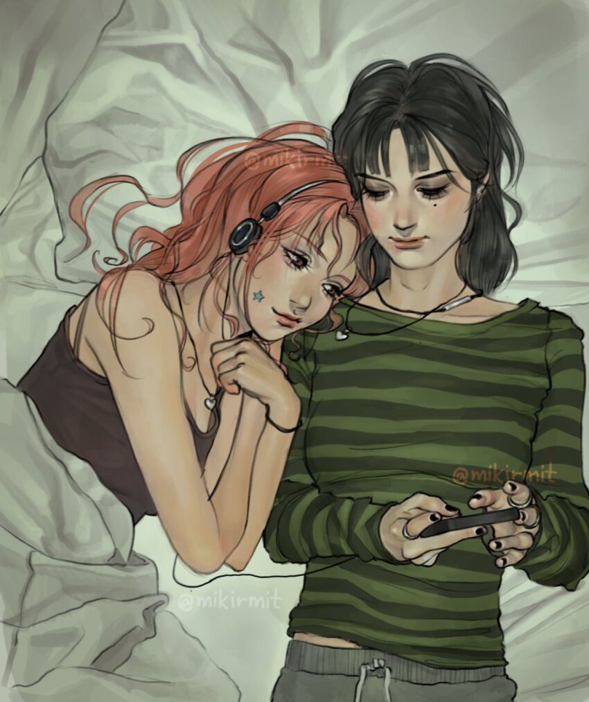 2girls bare_shoulders black_hair black_nails brown_eyes camisole cellphone commentary earphones english_commentary from_above green_shirt grey_pants head_on_another&#039;s_shoulder heart heart_necklace highres holding holding_phone jewelry kininatteru_hito_ga_otoko_ja_nakatta koga_mitsuki long_sleeves lying matching_accessory mikirmit mole mole_under_eye multiple_girls multiple_rings necklace on_back oosawa_aya orange_hair pants phone ring shared_bed shirt smartphone striped_clothes striped_shirt twitter_username under_covers yuri
