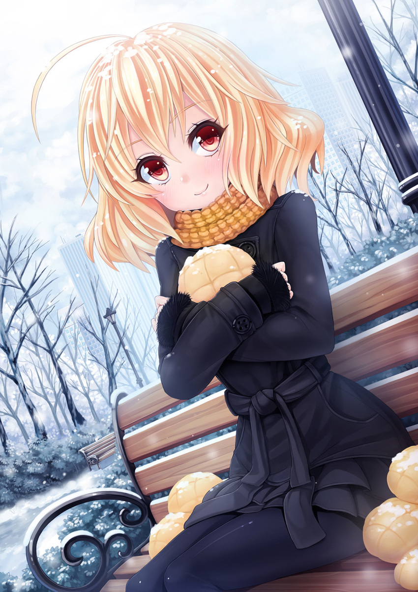 10s 1girl akuma_no_riddle bench blonde_hair bread building bush coat dutch_angle female_focus food hashiri_nio highres melon_bread pantyhose red_eyes scarf skyscraper smile snow solo sunimu tree