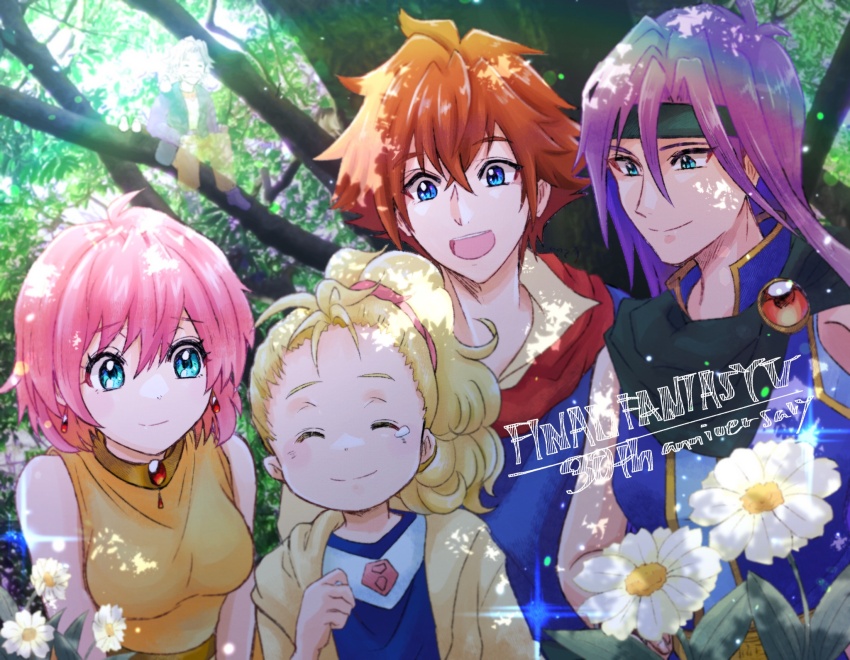 2boys 3girls anniversary bartz_klauser blonde_hair breasts brown_hair closed_mouth earrings faris_scherwiz final_fantasy final_fantasy_v flower galuf_halm_baldesion ghost green_eyes highres hinodecotori jewelry krile_mayer_baldesion_(ff5) lenna_charlotte_tycoon long_hair medium_breasts multiple_boys multiple_girls open_mouth pink_hair purple_hair short_hair smile tree