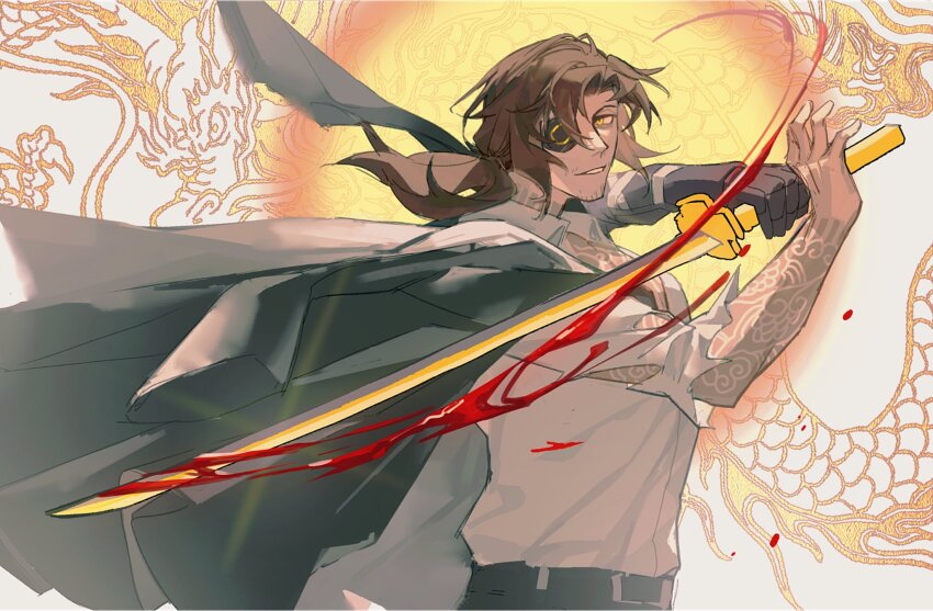 1boy belt black_gloves brown_hair curtained_hair dragon eastern_dragon facial_hair floating_blood gloves golden_sword gregor_(project_moon) grin hair_flowing_over highres holding holding_weapon jacket jacket_on_shoulders jing84672940 kurokumo_clan_(identity)_(project_moon) limbus_company looking_at_viewer low_ponytail male_focus one_eye_covered ponytail project_moon shirt shirt_tucked_in smile solo spotlight stubble swing tattoo tattoo_sleeve torn_clothes torn_sleeves upper_body weapon white_shirt yellow_eyes
