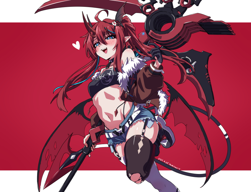 1girl absurdres ahoge black_panties black_thighhighs black_tube_top blue_eyes blush breasts denim denim_shorts emika_(starward) fangs heart highleg highleg_panties highres holding holding_scythe holding_weapon horns long_hair looking_at_viewer navel open_mouth panties pointy_ears red_hair red_horns scythe short_shorts shorts simple_background small_breasts solo starward stomach strapless thighhighs torn_clothes torn_thighhighs tube_top twintails underwear weapon yamiya0117