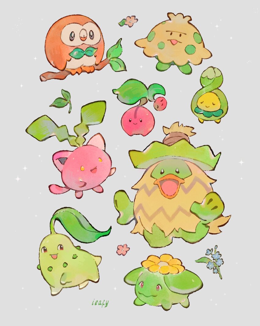 artist_name budew cherubi chikorita colored_skin gen_2_pokemon gen_3_pokemon gen_4_pokemon gen_7_pokemon green_skin grey_background highres hoppip ieafy ludicolo nintendo no_humans pink_skin pokemon pokemon_(creature) rowlet shroomish simple_background skiploom