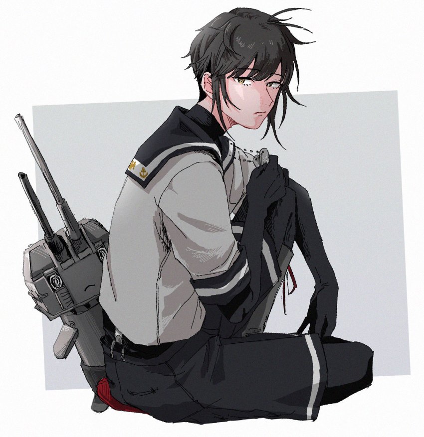 1boy anchor_symbol black_bodysuit bodysuit chou-10cm-hou-chan chou-10cm-hou-chan_(hatsuzuki&#039;s) dog_tags expressionless genderswap genderswap_(ftm) grey_background hatsuzuki_(kancolle) highres kantai_collection male_focus school_uniform sitting solo zippo_teifujou