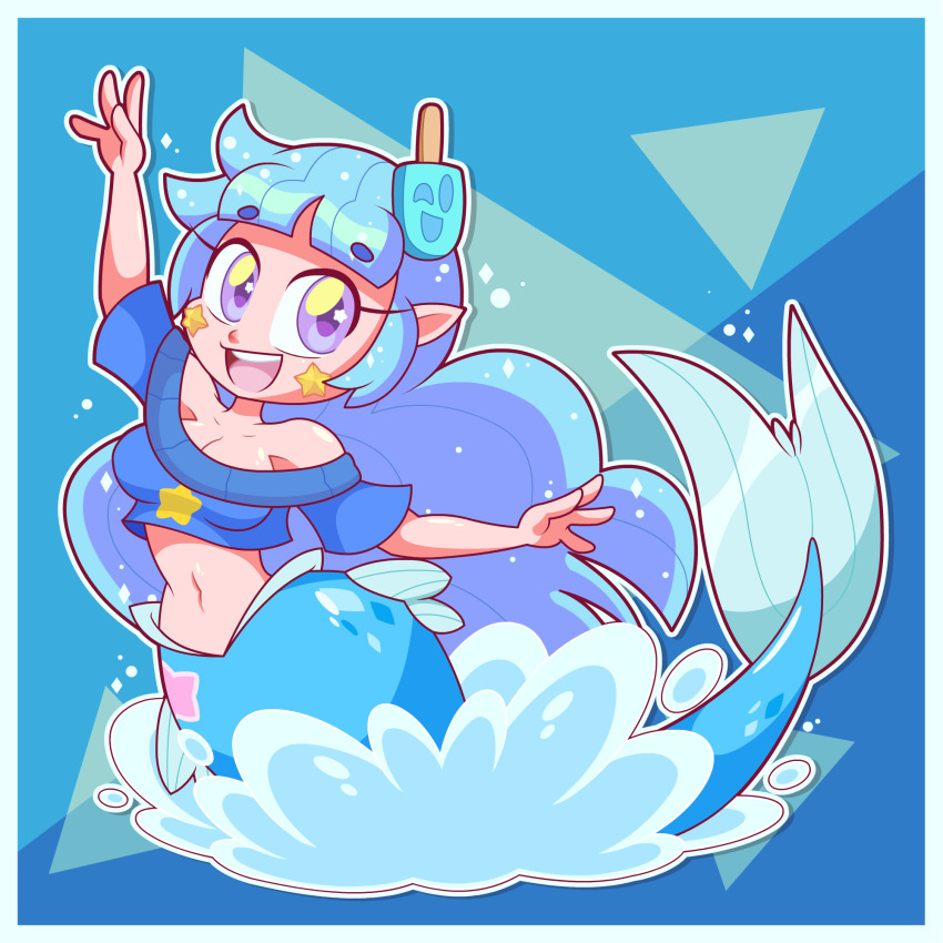 1girl bare_shoulders blue_background blue_hair blue_sweater breasts cleavage collarbone cropped_sweater doctor-g food food-themed_hair_ornament full_body hair_ornament highres indie_virtual_youtuber long_hair mermaid monster_girl navel ocean off-shoulder_sweater off_shoulder open_mouth pink_star pointy_ears popsicle popsicle_hair_ornament purple_eyes smile solo splashing star_(symbol) star_cheeks sweater tail teeth vanna_seasalt very_long_hair yellow_star youtube