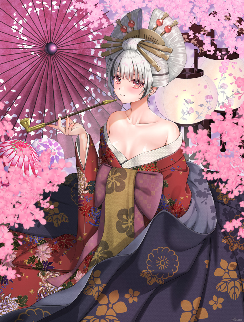 1girl absurdres asumi_sena black_hair breasts collarbone datehyogo grey_hair highres holding holding_smoking_pipe japanese_clothes kimono kiseru lantern layered_kimono looking_at_viewer manaita_obi multicolored_hair nihongami off_shoulder oiran paper_lantern red_eyes satera_23 smile smoking_pipe solo streaked_hair virtual_youtuber vspo!
