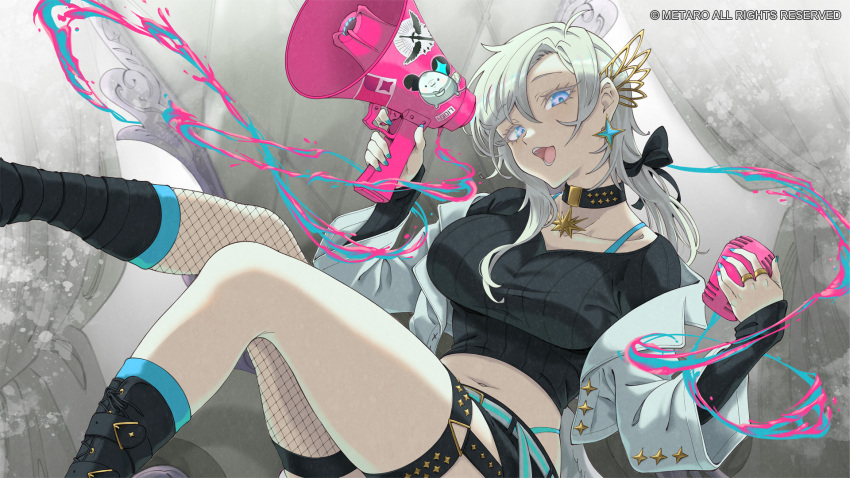 1girl black_boots black_bow blue_eyes boots bow breasts collarbone commentary cropped_jacket earrings english_commentary fishnets hair_bow highres jacket jewelry knees_up large_breasts liora_walkyria long_hair microphone navel official_art open_clothes open_jacket open_mouth ring shirt single_thighhigh smile solo speaker teeth thighhighs v&amp;u_entertainment vinhnyu virtual_youtuber white_hair