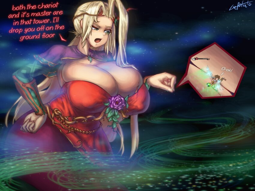 1boy 1girl absurdres blonde_hair breasts bursting_breasts cleavage covered_erect_nipples curvy female_focus flower giant giantess green_eyes hand_on_own_hip highres huge_breasts kid_icarus kid_icarus_uprising la_potato long_hair nintendo pit_(kid_icarus) short_hair skindentation staff text_focus viridi wide_hips wings