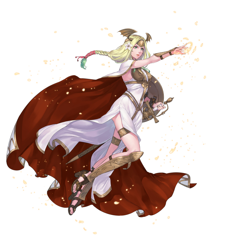 1girl absurdres arm_guards armor blonde_hair braid cape chain closed_mouth commentary_request dress fire_emblem fire_emblem:_three_houses fire_emblem_heroes flower gradient_hair green_eyes green_hair hair_flower hair_ornament high_heels highres lips long_dress long_hair low-braided_long_hair low-tied_long_hair multicolored_hair nintendo nishiki_areku official_art sandals seiros_(fire_emblem) seiros_shield serious shield single_braid sleeveless sleeveless_dress solo sword sword_of_seiros thigh_strap toes transparent_background two-tone_hair weapon white_dress