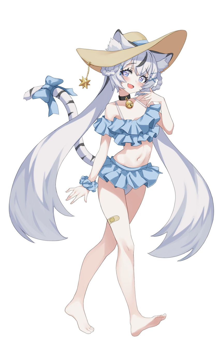 1girl :d absurdres animal_ear_fluff animal_ears arm_at_side bandaid bandaid_on_leg bare_legs bare_shoulders barefoot bell bikini black_choker black_hair blue_bikini blue_bow blue_eyes blue_scrunchie bow braid braided_hair_rings choker collarbone crossed_bangs ears_through_headwear eyelashes fang frilled_bikini frills full_body grey_hair hair_between_eyes hair_ornament hair_rings hairclip hand_to_own_mouth hand_up hat hat_ornament hat_ribbon head_tilt highres horegi jingle_bell layered_bikini light_blush long_hair looking_at_viewer multicolored_hair navel neck_bell open_mouth original ribbon scrunchie short_sleeves simple_background smile solo star-shaped_pupils star_(symbol) streaked_hair sun_hat swimsuit symbol-shaped_pupils tail tail_bow tail_ornament tail_raised thick_eyelashes tiger_ears tiger_tail twintails very_long_hair walking white_background white_tail wrist_scrunchie x_hair_ornament