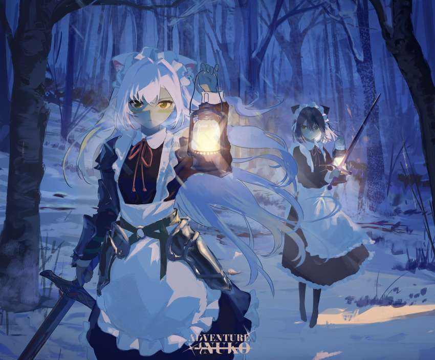 2girls absurdres animal_ears apron armor black_dress black_hair breath closed_mouth collared_dress commentary double-parted_bangs dress english_commentary english_text forest frilled_apron frilled_dress frills hair_intakes highres holding holding_lantern holding_sword holding_weapon kgt_(pixiv12957613) lantern long_hair looking_at_viewer maid maid_apron maid_headdress multiple_girls nature original outdoors short_hair shoulder_armor snowstorm standing swept_bangs sword thigh_armor tree weapon white_apron white_hair wind