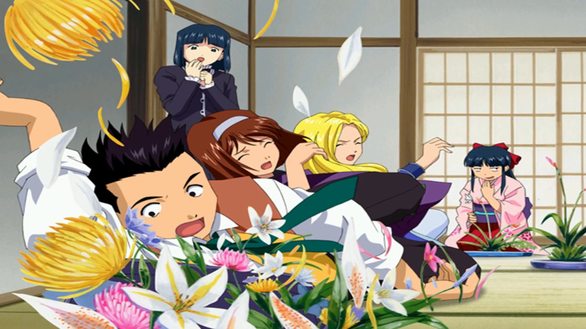 1boy 4girls black_eyes blonde_hair blue_hair bow brown_hair closed_eyes constricted_pupils covering_own_mouth falling flower game_cg glycine_bleumer hair_ribbon half-closed_eyes hand_over_own_mouth highres japanese_clothes kanzaki_sumire kitaooji_hanabi kneeling laughing legs long_hair long_skirt multiple_girls necktie oogami_ichirou open_mouth pants pointy_hair ponytail red_bow ribbon sakura_taisen sega shinguuji_sakura short_hair skirt smile smug surprised thighs tongue tripping wide-eyed