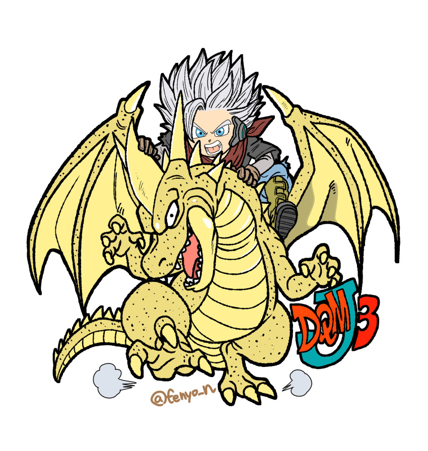 1boy 1other absurdres black_shirt blue_eyes blue_pants creature_request dragon dragon_quest dragon_quest_monsters dragon_quest_monsters_joker_3 fenyon grey_shirt headphones hero_(dqmj3) highres horns looking_at_viewer neckerchief open_mouth pants red_neckerchief shirt short_hair single_bang twitter_username velcro_footwear white_background white_hair yellow_horns yellow_scales