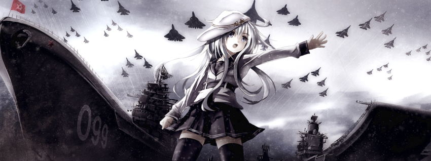 10s 1girl admiral_kuznetsov_(aircraft_carrier) aircraft aircraft_carrier airplane black_thighhighs blue_eyes bomber female_focus fighter_jet hammer_and_sickle hat heavy_bomber hibiki_(kancolle) highres kantai_collection kuznetsov-class_aircraft_carrier long_hair military military_vehicle missile228 outstretched_arm outstretched_hand penetrator_(aircraft) personification petr_velikiy_(battlecruiser) pleated_skirt school_uniform serafuku ship silver_hair skirt solo star_(symbol) strategic_bomber su-33 thighhighs tu-160 verniy_(kancolle) warship watercraft weapon weapon_request