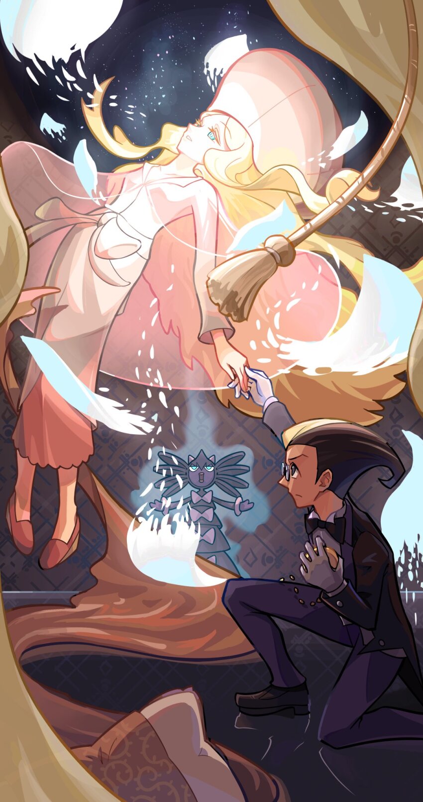 1boy 1girl aura black_hair black_jacket blonde_hair blue_eyes bow bowtie butler caitlin_(pokemon) cape darach_(pokemon) dress ffccll floating floating_cape floating_clothes formal_clothes fur_hat gen_5_pokemon glasses gloves glowing gothitelle hat highres holding holding_hands holding_pocket_watch jacket long_hair long_sidelocks looking_at_another low-cut multicolored_hair nightgown nintendo on_one_knee pants parted_bangs parted_lips pillow pink_cape pink_shoes pocket_watch pokemon pokemon_(creature) pokemon_bw pokemon_dppt pokemon_platinum purple_pants round_eyewear see-through_cape shoes short_hair sidelocks star_(sky) suit tassel traditional_bowtie two-tone_hair ushanka very_long_hair watch white_gloves