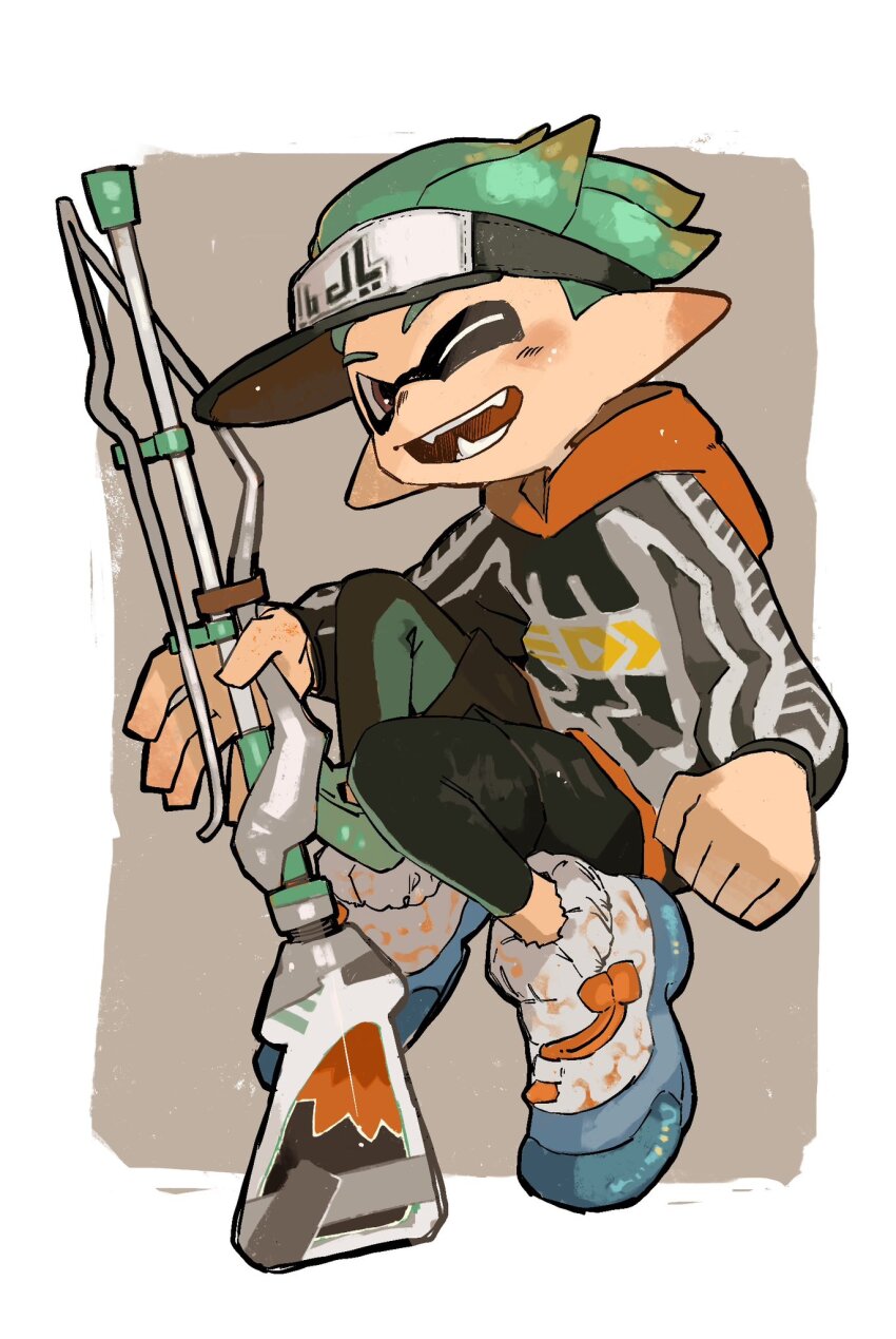 1boy black_leggings border commentary_request full_body grey_background gun highres holding holding_gun holding_weapon hood hoodie inkling inkling_boy inkling_player_character leggings male_focus nintendo one_eye_closed open_mouth outside_border pointy_ears sanyu_uuu shoes short_hair simple_background smile solo splatoon_(series) splatoon_3 squiffer_(splatoon) teeth tentacle_hair visor_cap weapon white_border
