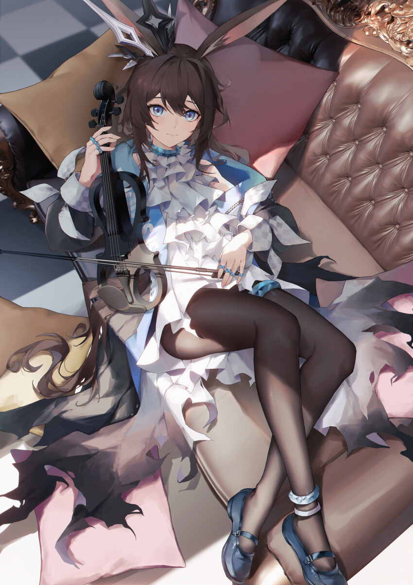 1girl absurdres amiya_(arknights) animal_ears anklet arknights ascot black_jacket black_shoes blue_eyes bow_(music) brown_hair brown_pantyhose chinese_commentary closed_mouth commentary_request couch dress full_body highres holding holding_bow_(music) holding_instrument holding_violin incredibly_absurdres instrument jacket jewelry jia_redian_ruzi_ruzi long_hair long_sleeves lying multiple_rings on_back on_couch pantyhose ring shoes smile solo torn_clothes torn_dress very_long_hair violin white_ascot white_dress