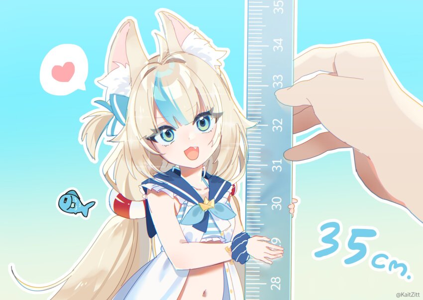 1girl :d ahoge aki&#039;z animal_ear_fluff animal_ears blonde_hair blue_background blue_eyes blue_hair commentary dress english_commentary fang frilled_sailor_collar frilled_shirt_collar frills heart height highres indie_virtual_youtuber innertube_hair_ornament long_hair low_twintails mini_person minigirl multicolored_hair navel open_clothes open_dress open_mouth outline pov pov_hands ruler sailor_collar sailor_dress sameko_saba scrunchie simple_background sleeveless sleeveless_dress smile solo_focus spoken_heart streaked_hair twintails twitter_username two-tone_hair upper_body very_long_hair virtual_youtuber white_outline wrist_scrunchie
