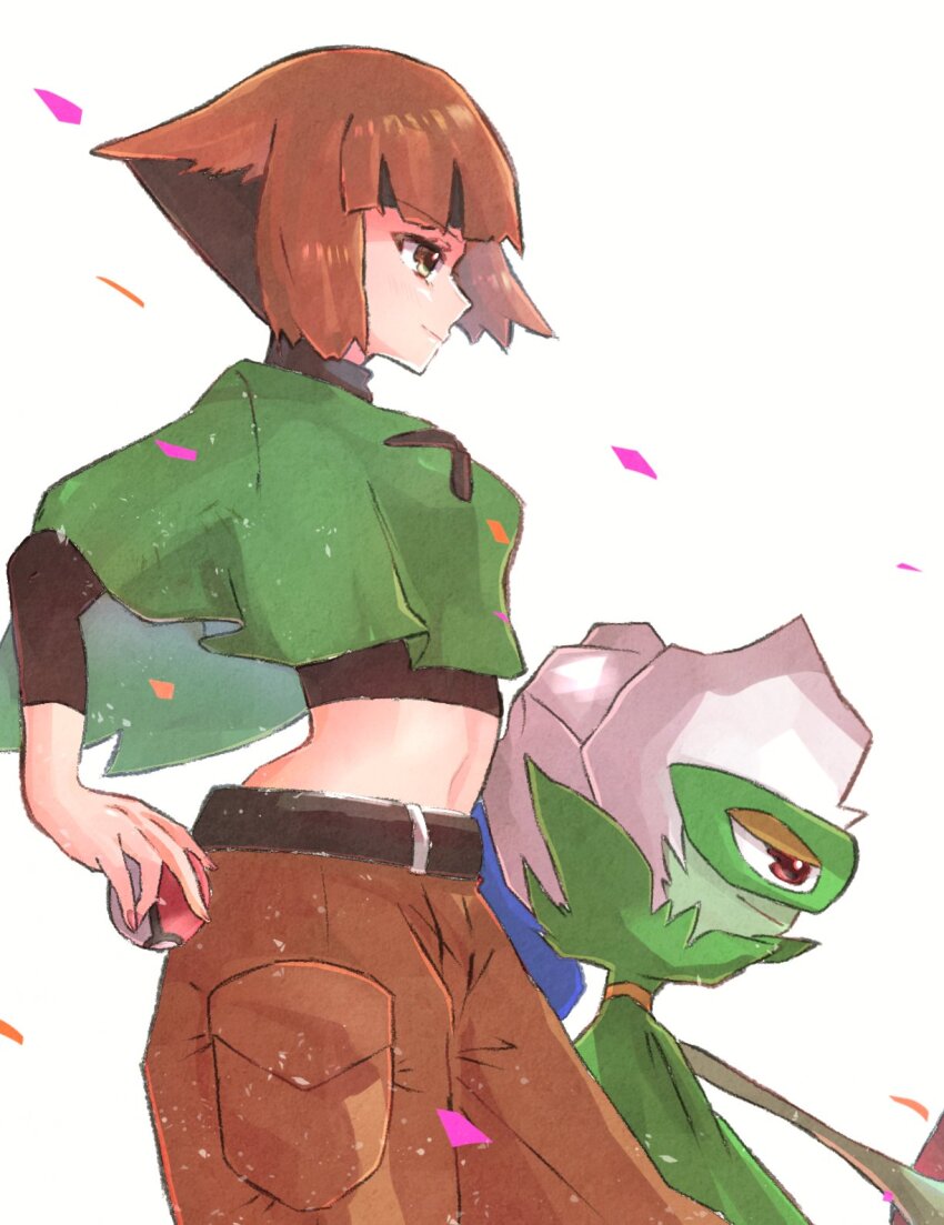 1girl belt black_belt black_hair black_shirt brown_eyes brown_hair brown_shorts closed_mouth from_side gardenia_(pokemon) gen_4_pokemon highres holding holding_poke_ball midriff multicolored_hair ngo_(ngo_hotategoya) nintendo poke_ball poke_ball_(basic) pokemon pokemon_(creature) pokemon_dppt roserade shirt short_hair shorts smile two-tone_hair white_background