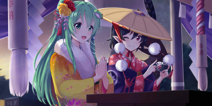 2girls :d ;) ajirogasa alternate_costume black_hair blush camera closed_mouth commentary english_commentary floral_print flower frog_hair_ornament fur_scarf furisode green_eyes green_hair hair_between_eyes hair_flower hair_intakes hair_ornament hair_tubes hat hatsumoude highres holding holding_camera japanese_clothes kimono kochiya_sanae kochiya_sanae_(victory_wind_priestess) light_rays long_hair long_sleeves looking_at_another looking_to_the_side multiple_girls new_year night night_sky official_art one_eye_closed open_mouth orange_kimono outdoors own_hands_together pointy_ears pom_pom_(clothes) ponytail praying red_eyes red_kimono shameimaru_aya shameimaru_aya_(business-is-booming_newspaper_reporter) short_hair sidelocks siokazunoko sky smile snake_hair_ornament star_(sky) starry_sky tassel third-party_source touhou touhou_lostword upper_body watermark yellow_kimono