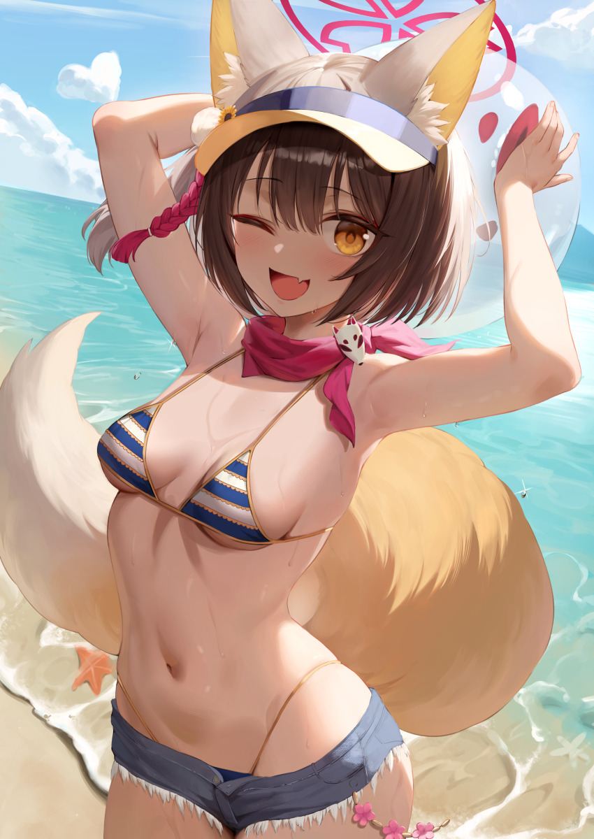 1girl ;d absurdres animal_ear_fluff animal_ears armpits beach bikini blue_archive blue_shorts blue_sky breasts brown_eyes brown_hair cloud commentary_request day denim denim_shorts fang fox_ears fox_girl fox_tail halo highres holding_beaker izuna_(blue_archive) izuna_(swimsuit)_(blue_archive) looking_at_viewer mathew_(srmmk_mce) medium_breasts navel ocean official_alternate_costume one_eye_closed open_mouth outdoors red_halo red_scarf scarf short_hair shorts skin_fang sky smile solo striped_bikini striped_clothes summer swimsuit tail visor_cap wet