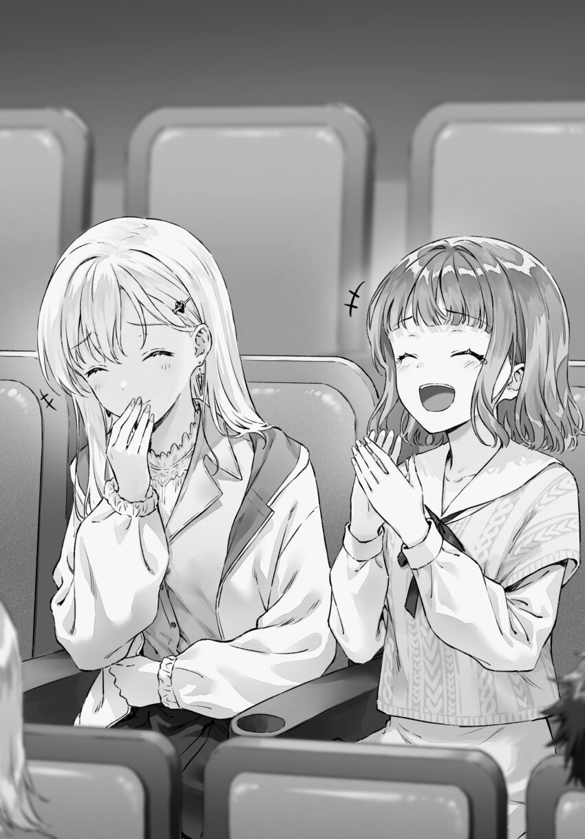 +++ 2girls ayase_saki closed_eyes collarbone collared_shirt commentary_request earrings gimai_seikatsu greyscale hair_ornament hairclip hand_to_own_mouth highres hiten_(hitenkei) jacket jewelry laughing medium_hair monochrome multiple_girls narasaka_maaya neck_ribbon novel_illustration official_art open_clothes open_jacket open_mouth ribbon second-party_source shirt theater_seating