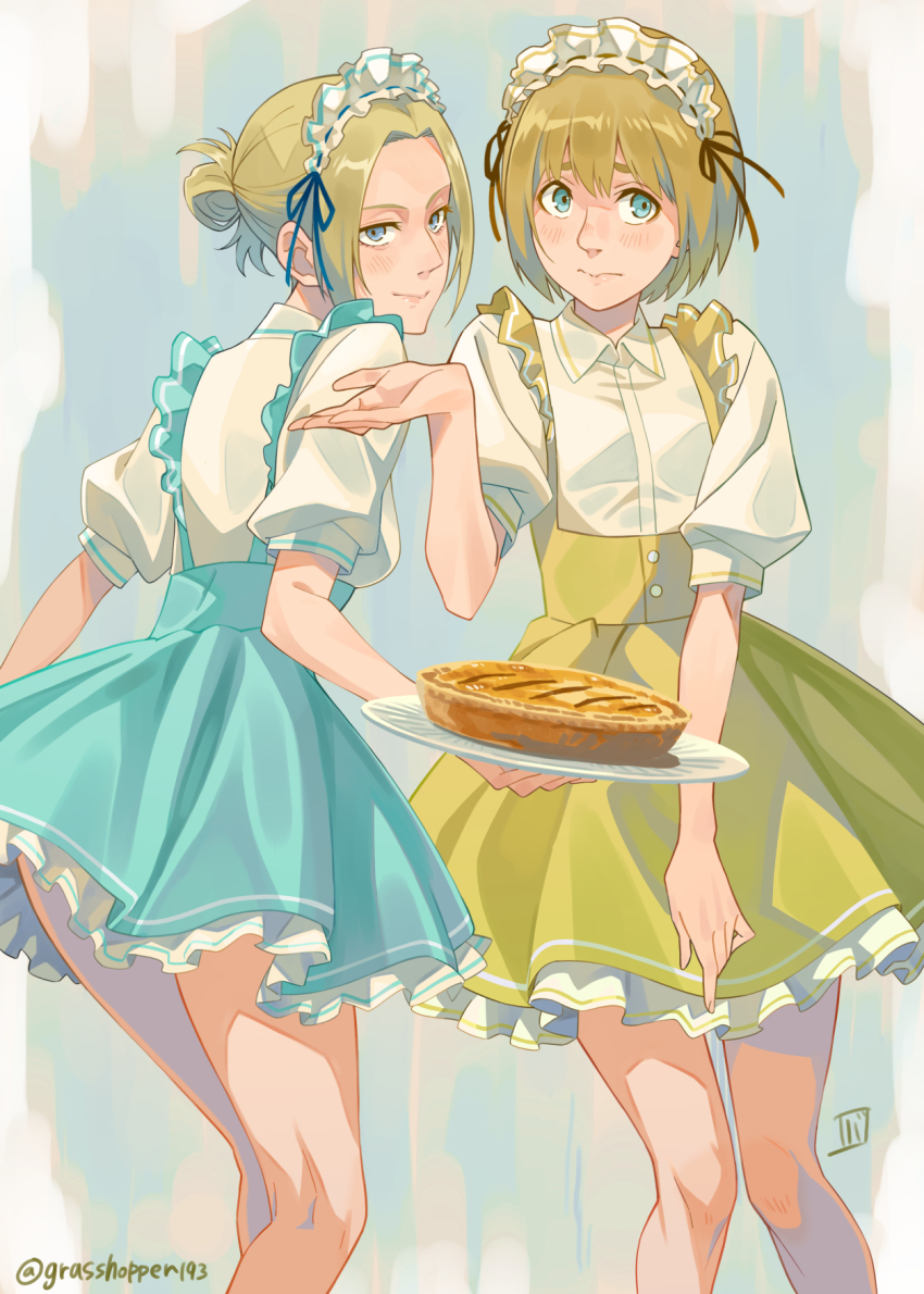 annie_leonhart arm_up armin_arlert artist_name blonde_hair blue_eyes blue_skirt blush closed_mouth crossdressing feet_out_of_frame food frilled_skirt frills grasshopper193 highres holding holding_plate kneepits knees_together_feet_apart looking_at_viewer looking_back maid maid_headdress pie plate puffy_short_sleeves puffy_sleeves shingeki_no_kyojin short_hair short_sleeves skirt standing suspender_skirt suspenders turning_head twitter_username updo yellow_skirt