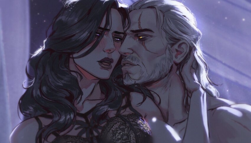 1boy 1girl aleksandra_skiba beard black_bra black_hair bra facial_hair geralt_of_rivia glowing glowing_eyes highres lace lace_bra long_hair looking_at_another mature_female purple_eyes scar scar_across_eye scar_on_face the_witcher_(series) the_witcher_3 underwear upper_body white_hair yellow_eyes yennefer_of_vengerberg