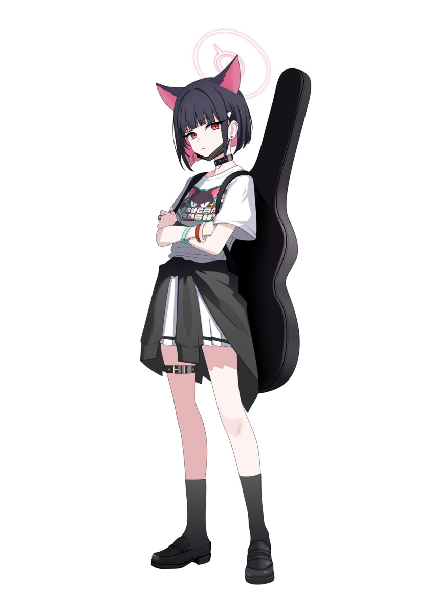 1girl animal_ears animal_print bag black_choker black_hair black_mask black_shoes black_socks blue_archive cat_ears cat_girl cat_print choker closed_mouth colored_inner_animal_ears colored_inner_hair commentary crossed_arms english_commentary fs_(sdamsd21321) guitar_case hair_between_eyes highres holding holding_bag instrument_case kazusa_(band)_(blue_archive) kazusa_(blue_archive) looking_at_viewer mask medium_hair mixed-language_commentary mouth_mask multicolored_hair multiple_wristbands official_alternate_costume pink_eyes shirt shoes sidelocks skirt socks surgical_mask two-tone_hair white_shirt white_skirt