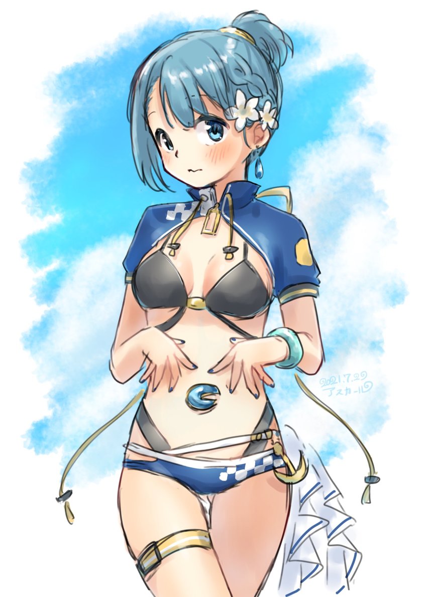 1girl asukaru_(magika_ru) blue_eyes blue_hair blue_nails blush braid breasts closed_mouth commentary_request cowboy_shot earrings flower hair_flower hair_ornament highres jewelry magia_record:_mahou_shoujo_madoka_magica_gaiden mahou_shoujo_madoka_magica medium_breasts miki_sayaka miki_sayaka_(surfer_ver.) nail_polish ponytail short_hair short_ponytail single_earring solo soul_gem swimsuit thigh_strap