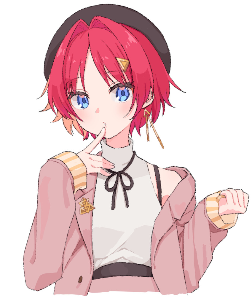 1girl alternate_costume ange_katrina beret black_hat black_ribbon blazer blue_eyes breasts commentary_request cropped_torso earrings finger_to_mouth gold_earrings hair_intakes hair_ornament hands_up hat highres jacket jewelry lapels light_blush looking_at_viewer nijisanji notched_lapels parted_lips pink_jacket red_hair ribbon shirt shirt_tucked_in short_hair simple_background single_earring single_off_shoulder sleeveless sleeveless_shirt sleeves_past_wrists small_breasts solo straight-on triangle_hair_ornament virtual_youtuber white_background white_shirt yuzuki_(yuduame)