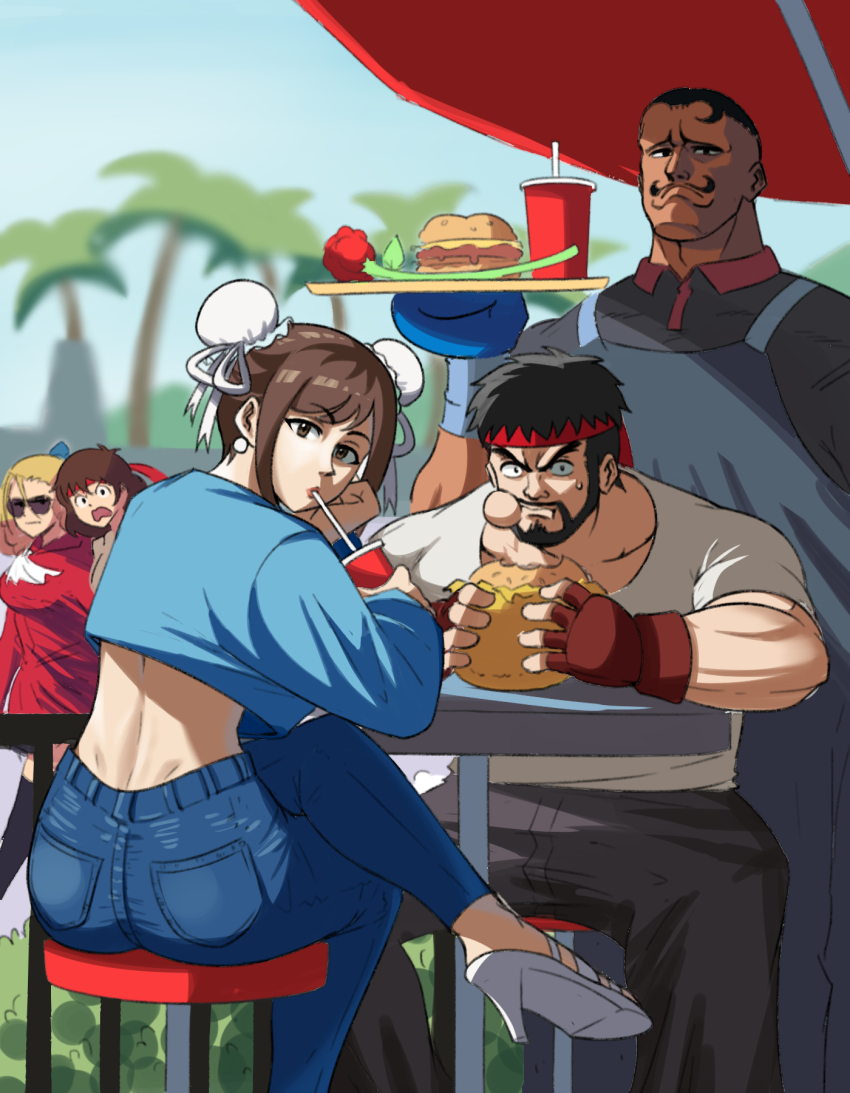 2boys 3girls alternate_costume angry apron ass bandana beard blonde_hair boxing_gloves brown_hair burger capcom chair chun-li crossed_legs dark-skinned_male dark_skin denim drinking_straw dudley earrings eating facial_hair fingerless_gloves flower food gloves handkerchief high_heels highres jeans jewelry kanzuki_karin kasugano_sakura lips looking_at_viewer multiple_boys multiple_girls mustache one_leg_raised pants pearl_earrings rose ryu_(street_fighter) shoes sitting soda straw street_fighter sunglasses surprised sweatdrop table tina_fate tray
