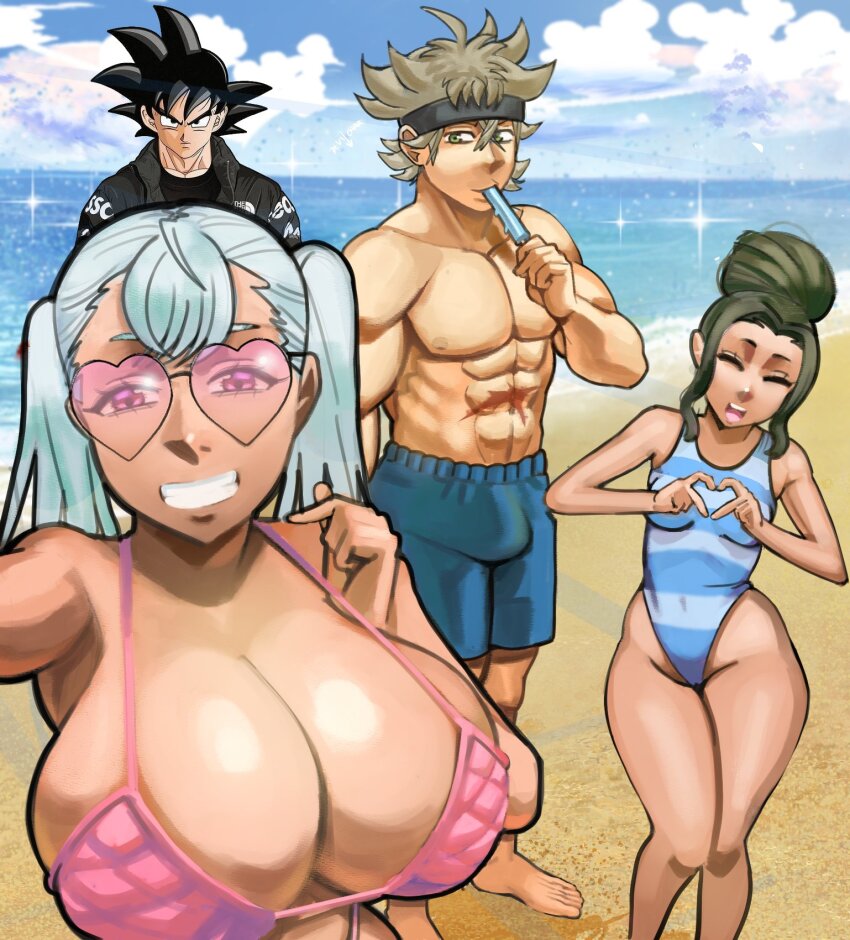 2boys 2girls aqua_hair asta_(black_clover) beach bikini black_clover black_hair breasts charmy_papittoson crossover dragon_ball dragonball_z green_eyes highres huge_breasts large_breasts meme multiple_boys multiple_girls muscular muscular_male noelle_silva pink-tinted_eyewear purple_eyes scharlottelambo selfie size_difference small_breasts smile son_goku sunglasses swimsuit thick_thighs thighs tinted_eyewear twintails