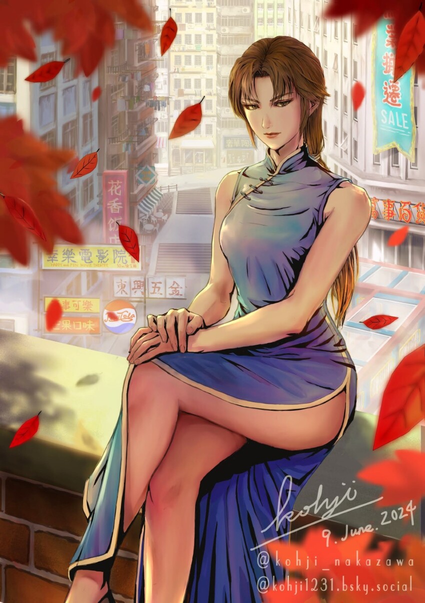 1girl architecture balcony bare_arms bare_shoulders blue_dress bluesky_username blurry blurry_foreground breasts brick_wall brown_eyes brown_hair building cafe china_dress chinese_clothes chinese_text city closed_mouth clothesline collared_dress crossed_legs dated day dress east_asian_architecture expressionless falling_leaves hair_between_eyes hand_on_own_knee highres hong_kong hong_xiu_ying kohji leaf long_hair looking_at_viewer low-tied_long_hair medium_breasts outdoors own_hands_together parted_bangs pepsi scenery shenmue shenmue_ii side_slit sidelocks signature simplified_chinese_text sitting solo stairs thighs twitter_username