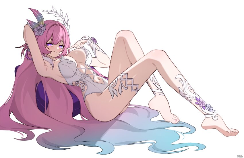 1girl absurdres alternate_costume arm_behind_head barefoot blue_hair breasts closed_mouth clothing_cutout commentary cyrene_(honkai:_star_rail) cyrene_(ripples_of_past_reverie)_(honkai:_star_rail) flower from_side full_body gradient_hair hair_flower hair_ornament hand_up highres honkai:_star_rail honkai_(series) large_breasts leotard long_hair looking_at_viewer multicolored_hair navel pink_hair pointing pointing_at_viewer purple_eyes simple_background sitting smile solo stomach stomach_cutout strapless strapless_leotard toenails very_long_hair white_background white_leotard x_xith_x