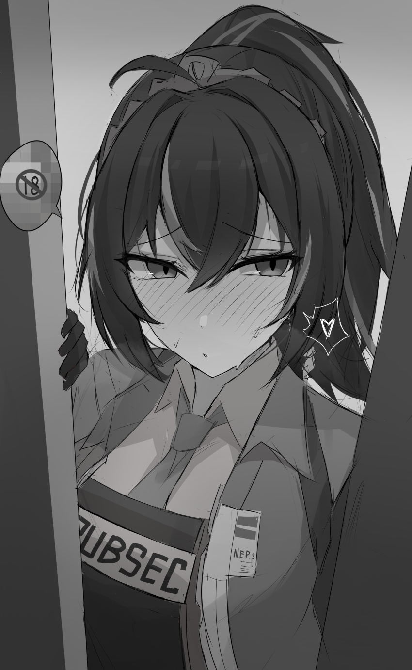 1girl absurdres blush breasts heart highres jacket large_breasts long_hair looking_at_viewer multicolored_hair namikare necktie open_door police police_uniform ponytail solo streaked_hair sweat zenless_zone_zero zhu_yuan