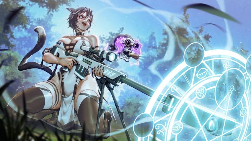 1girl animal_ears bare_hips bare_shoulders black_thighhighs breasts cat_ears cat_girl cat_tail cleavage fantasy final_fantasy final_fantasy_xiv gun holding holding_gun holding_weapon kionaoki large_breasts magic_circle pelvic_curtain rifle science_fiction tail thighhighs thighs weapon
