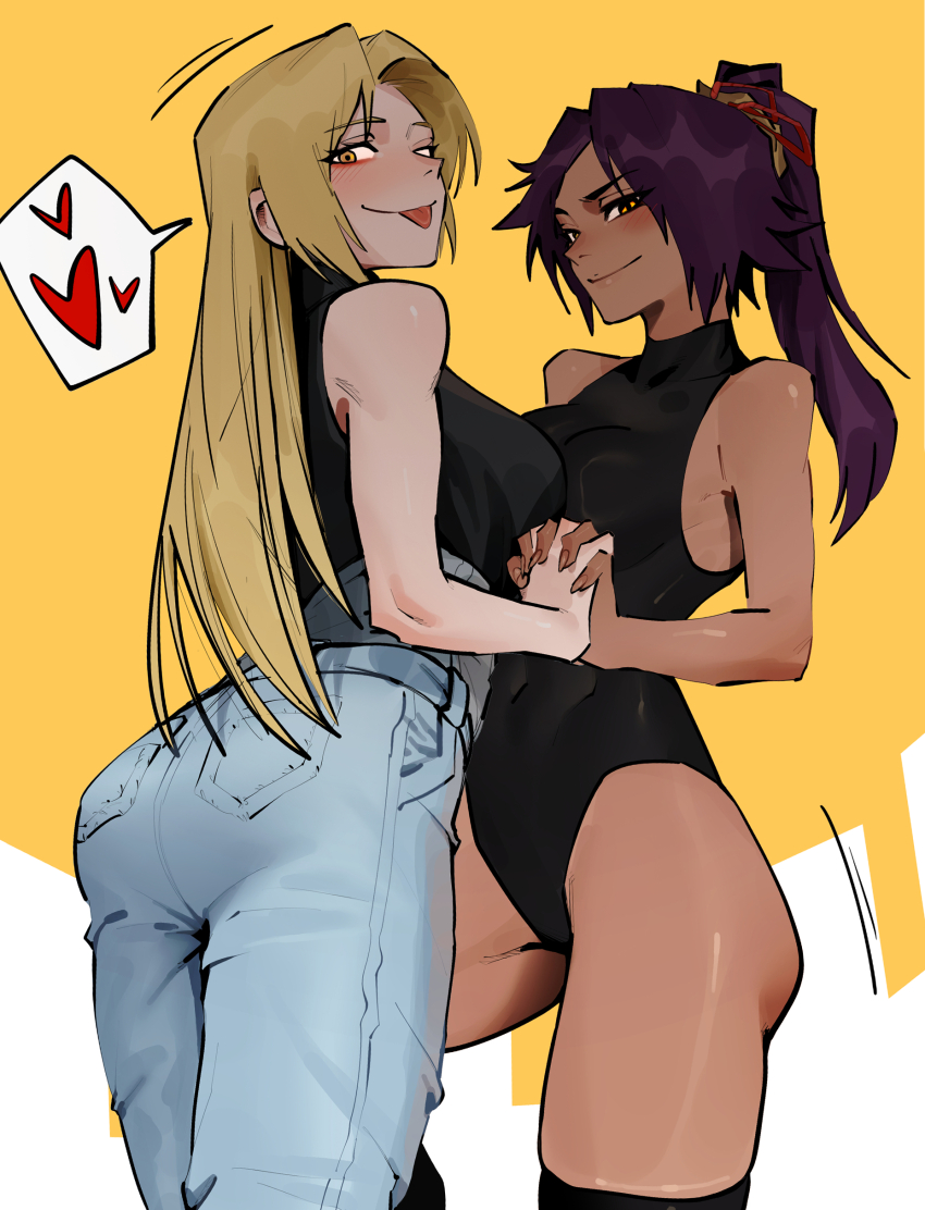 2girls absurdres bare_shoulders black_leotard black_thighhighs bleach blonde_hair breast_press breasts crossover dark-skinned_female dark_skin denim dingotoad hair_ornament highres holding_hands jeans jujutsu_kaisen large_breasts leotard long_hair multiple_girls pants parted_bangs ponytail purple_hair shihouin_yoruichi skindentation speech_bubble symmetrical_docking thighhighs thighs tongue tongue_out tsukumo_yuki_(jujutsu_kaisen) yellow_eyes