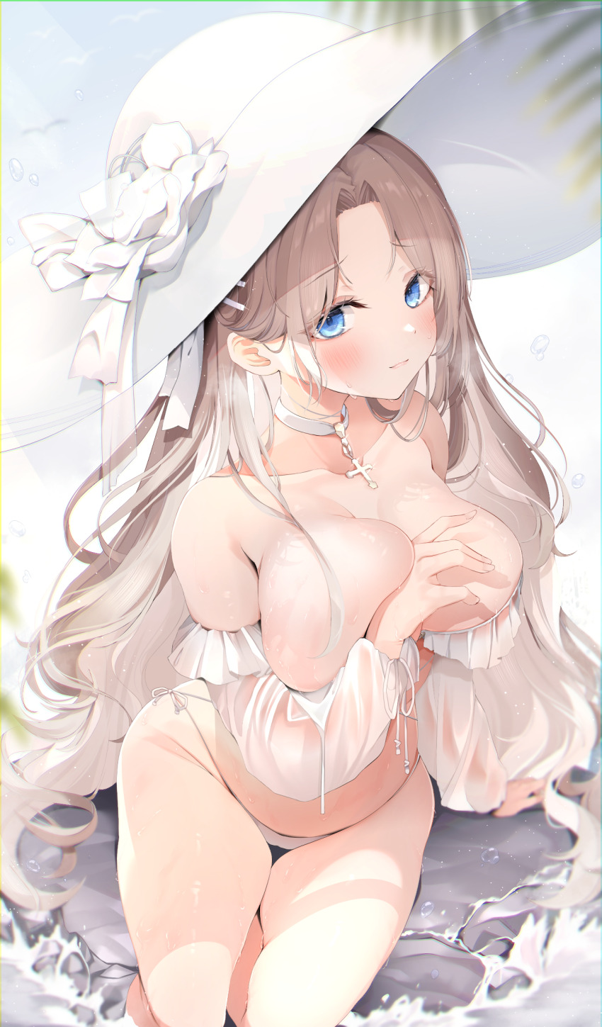 1girl arm_between_breasts arm_support azur_lane bare_shoulders between_breasts bikini bird blue_eyes blush breasts brown_hair choker cleavage commentary covering_breasts covering_privates cross cross_choker frilled_bikini frills groin hat highres large_breasts leaf long_hair long_sleeves looking_at_viewer official_alternate_costume outdoors parted_bangs raised_eyebrows see-through_clothes see-through_sleeves shiira_(nya_rl) side-tie_bikini_bottom sitting solo string_bikini sun_hat swimsuit thighs very_long_hair water wet white_bikini white_choker white_hat yorktown_(azur_lane) yorktown_ii_(azur_lane) yorktown_ii_(bright-sky_mermaid)_(azur_lane)
