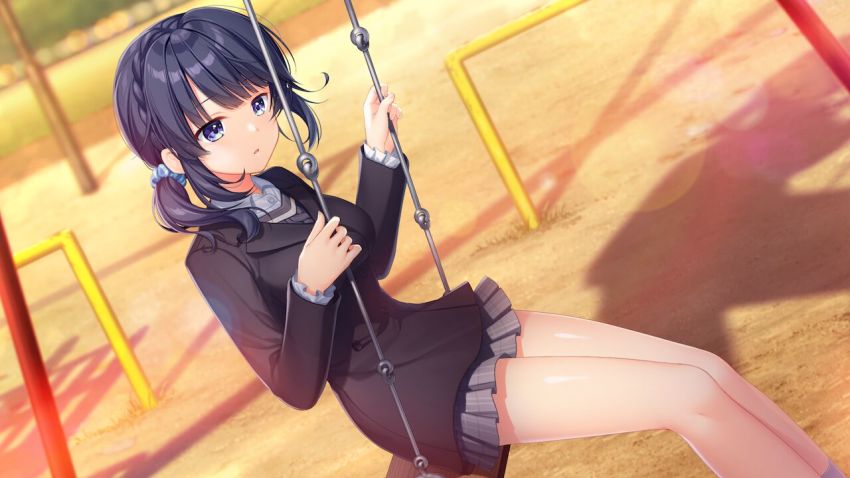 1girl alpha_(yukai_na_nakamatachi) bare_legs black_coat black_skirt blue_eyes blue_hair blue_scrunchie coat game_cg hair_ornament hair_scrunchie long_hair long_sleeves miniskirt open_mouth outdoors plaid_clothes plaid_skirt pleated_skirt ponytail scrunchie shiny_skin sitting skirt solo sousaku_kanojo_no_renai_koushiki tsukimizaka_kiriha