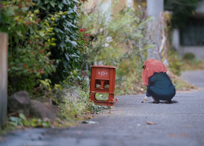 1girl anya_(spy_x_family) black_jacket child from_behind full_body hairpods higemu jacket photo_background pink_hair plant road rock solo spy_x_family squatting