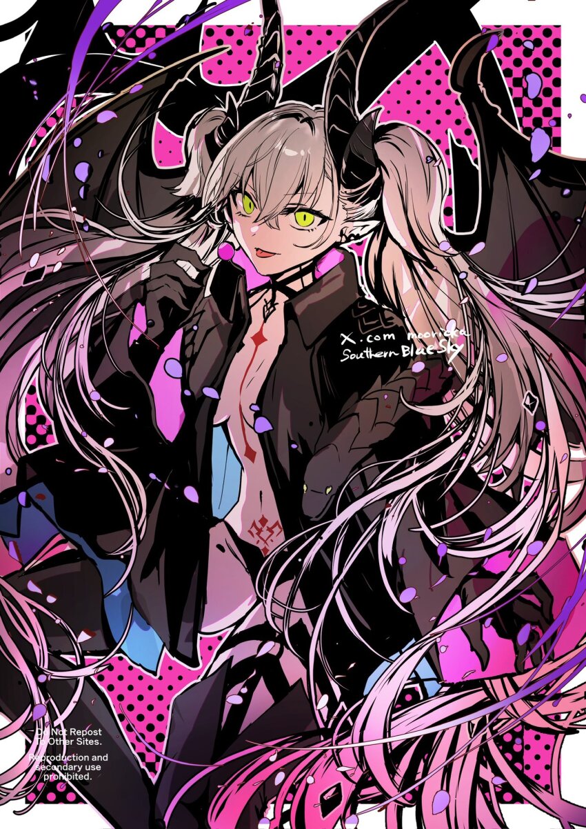 1girl black_hands black_jacket black_panties boots breasts candy colored_extremities demon_wings fate/grand_order fate_(series) food green_eyes hand_up highres holding holding_candy holding_food holding_lollipop horns jacket lilith_(fate) lilith_(second_ascension)_(fate) lollipop long_hair navel panties pointy_ears rioka_(southern_blue_sky) smile solo thigh_boots tongue tongue_out twintails underwear white_hair wings