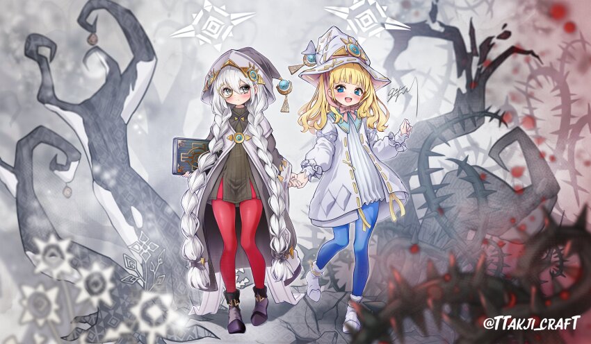 2girls absurdres artist_name astellar_of_the_white_forest blonde_hair blue_eyes blush book braid diabellstar_the_black_witch diabellze_the_original_sinkeeper duel_monster elzette_of_the_white_forest full_body grey_eyes hat highres holding holding_book holding_hands hood long_hair monocle multiple_girls open_mouth outdoors shoes signature spikes tree ttakji_craft twin_braids very_long_hair white_hair witch_hat yu-gi-oh! yuri